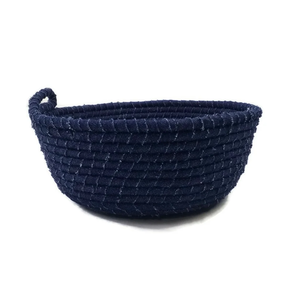 Handmade Upcycled Denim Coiled Rope Bowl Dark Wash Storage Basket Medium